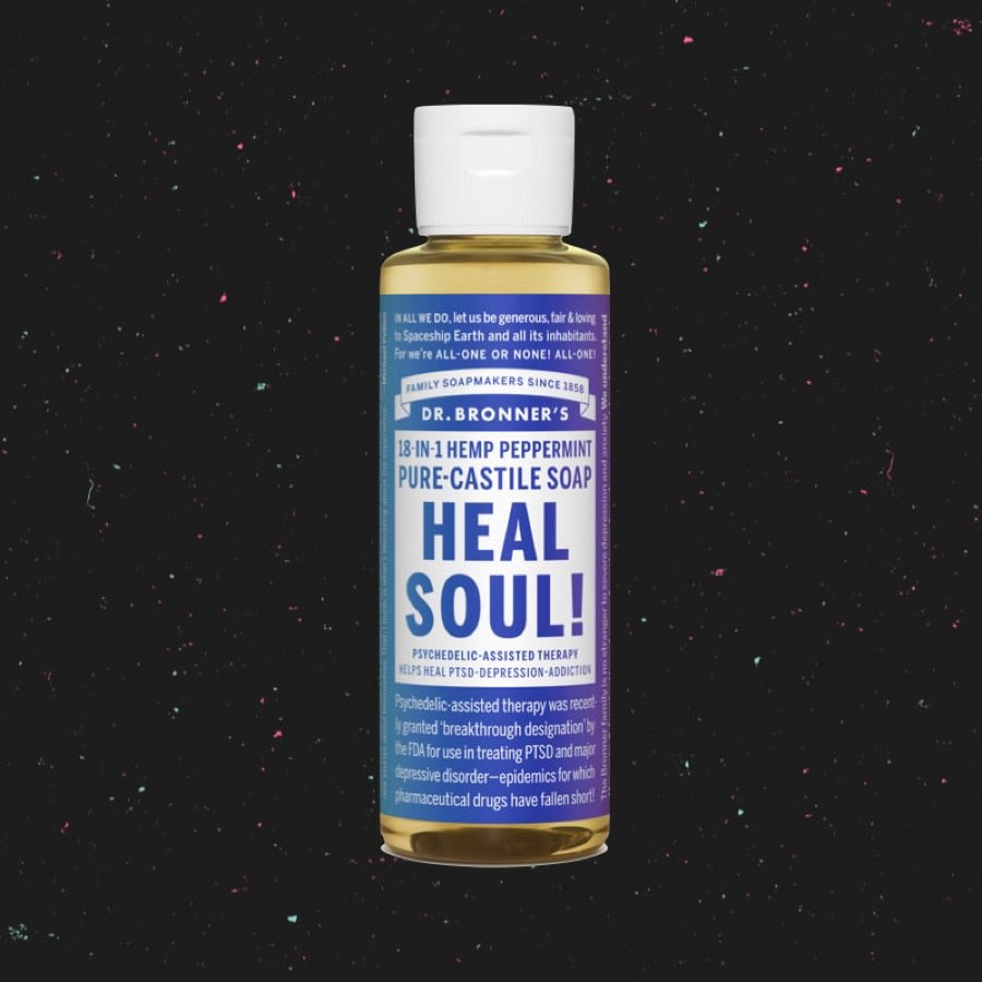 The limited edition Heal Soul! Pure-Castile Soap bottle
